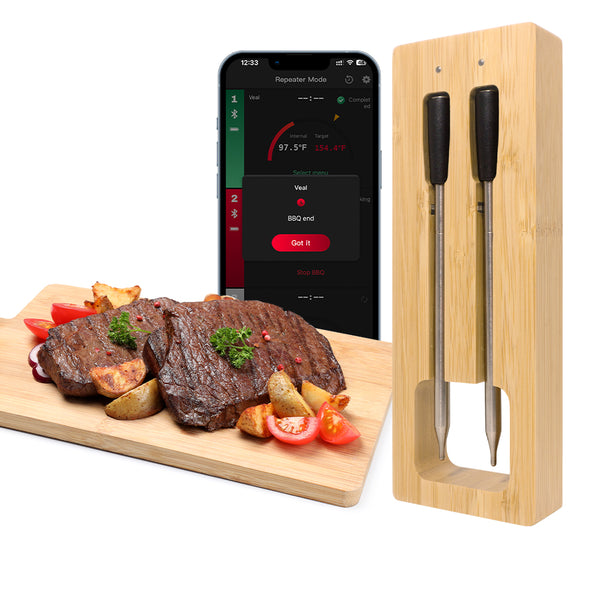 Kook- en braadthermometer - WIFI met braad-APP - Repeater zorgt voor lange afstand tot de mobiel - Oven, grill of pan.